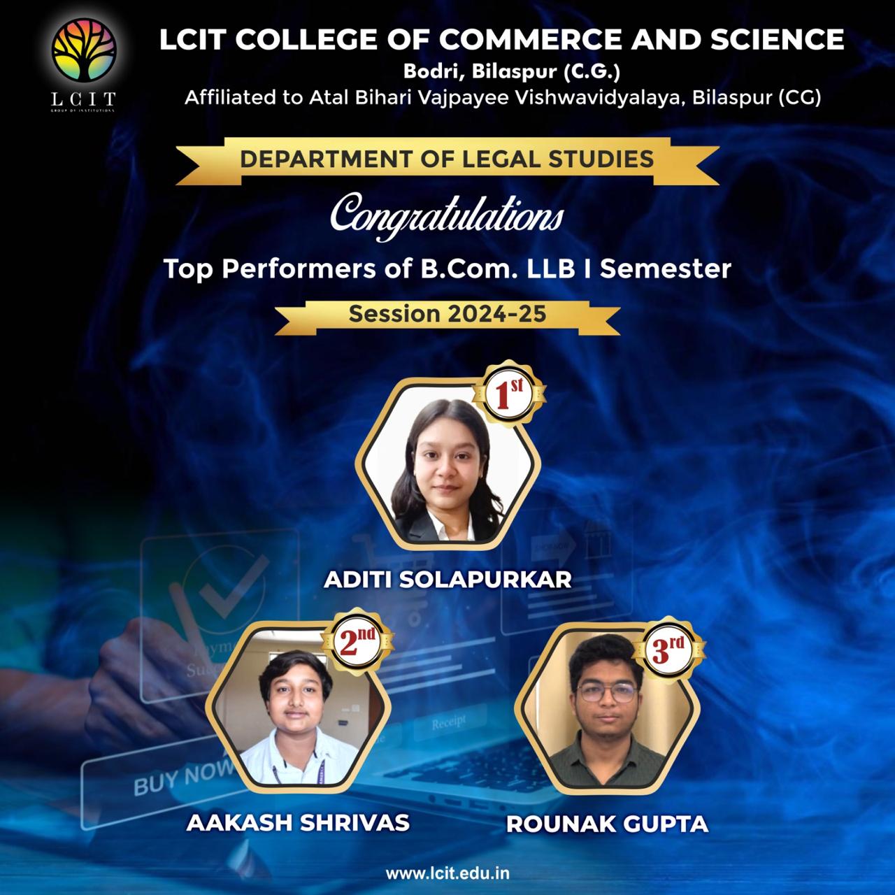 Top performances of B. Com LLB I  Semester