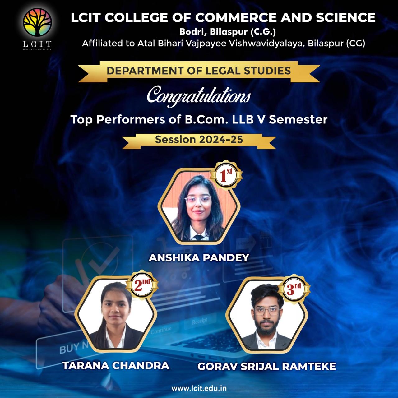 Top performances of B. Com LLB V  Semester